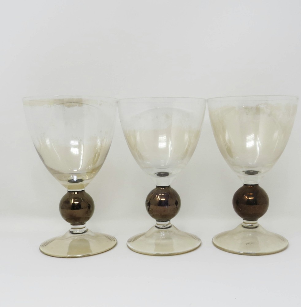 Set of 3 Vtg Krosno Poland Amber Bronze Ball Wine Glasses Water Goblets