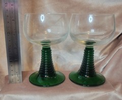 Pair MCM Green Ribbed Stem Goblets Vintage French Wine Glasses Roemer Barware