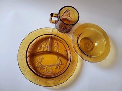 Vintage Amber Tiara Indiana Glass Lot of 3 Nursery Rhyme~Bowl, Cup & Plate Set