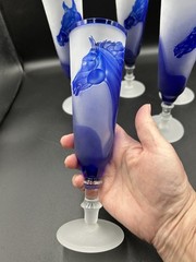 VTG Cameo Glass Horse Champagne Flutes 5 Pc Blue Frosted Hand Carved Equestrian