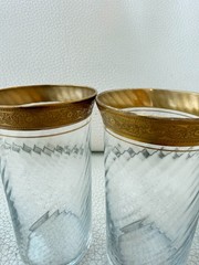 SET OF 6 VINTAGE CLEAR GLASS CUPS GOLD GILT RIM FLORAL SCROLL BARWARE