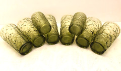 Vintage Green Glass Pitcher and Glasses, 6 Tumblers, 2 Juice Glasses