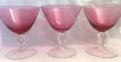 Vintage Cranberry Pink Glass Clear Ball Stem Champagne Sherbet Set-3