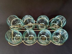 Libbey Tempo Set 8 Aqua 12oz Glasses Gold Caddy MCM Retro Wine Drinking Hosting