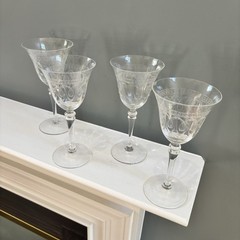 Art Deco Set of 4 Long Stemmed Etched Wine Glasses Barware Rare Geometric Design