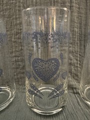 VTG Corelle Corning Sponge Blue Hearts 3 Drinking Tumbler Glasses Cottage Granny