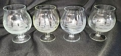 4 Toscany Clipper Brandy Glasses Set 4.25” Etched Frosted Nautical Sailing Ship