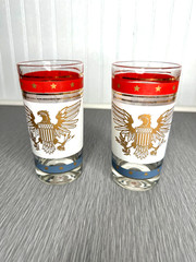 Vtg Eagle American Flag High Ball 8 oz. Barware Set of 8 Glasses Wire Holder