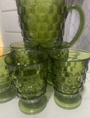 Vintage Indiana Whitehall Avocado Green Cubist Set Pitcher and 5 Glasses