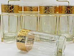Culver Glass 22K Gold 8 Highball Caddy Set Vintage Retro Barware Tyrol MCM