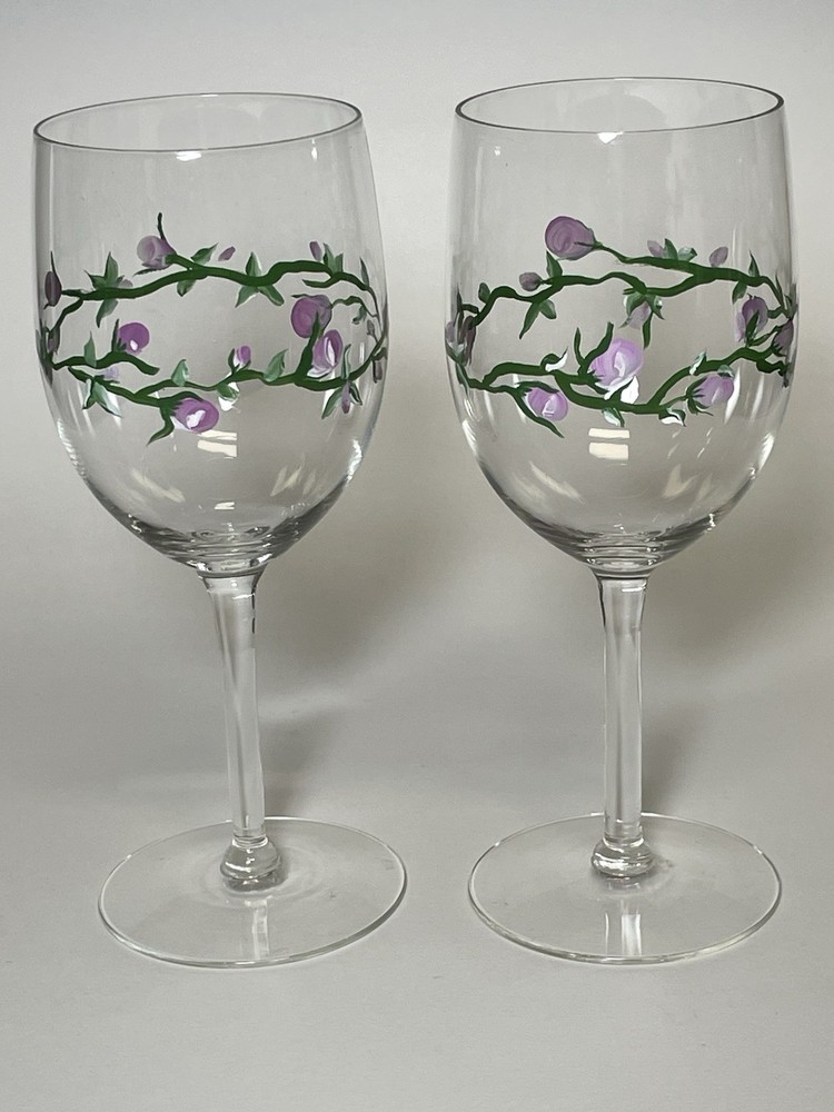 Handpainted Rose Vine Wine Glasses Set of 2 Pink Flowers on Vine