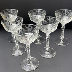Vintage Libbey Rock Sharpe Halifax SIX Etched Crystal Champagne Coupe Glasses