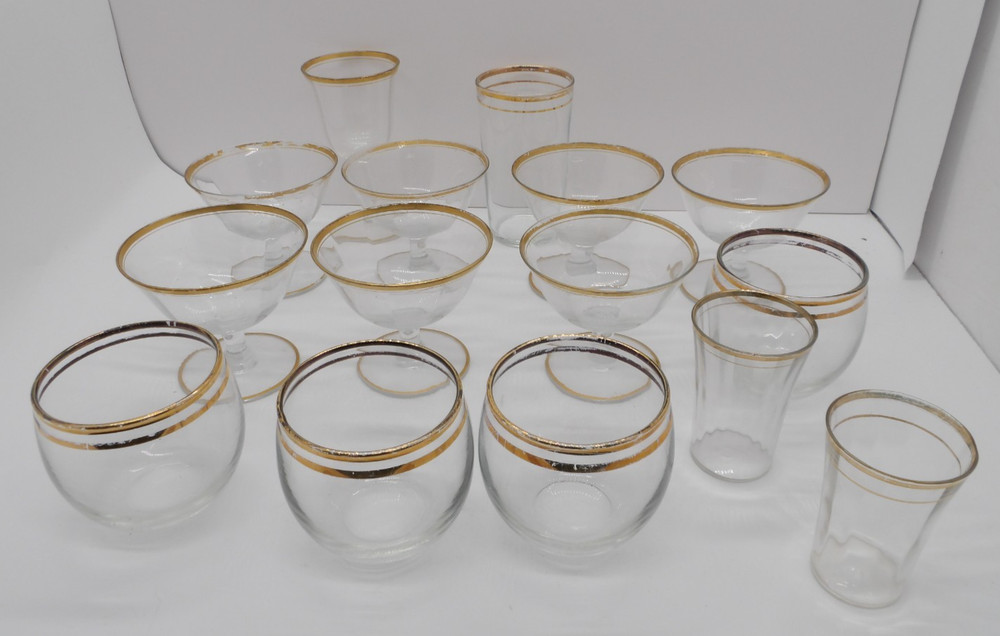 Mixed Lot of Vintage Gold Trim Glasses Glassware, Various Shapes