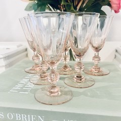 Vtg HC Fry Set Of 6 Cordial Glasses Pink Depression Diamond Optic Stem 5”