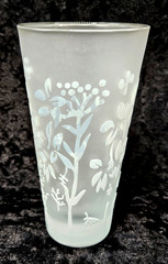 Frosted Water Glass with etched floral designs 5 in set all different unmarked