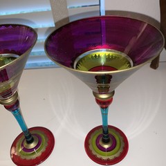 Pier 1 Festive Hand Painted Jewel Tones 2 Martini Glasses Magenta, Teal, Gold