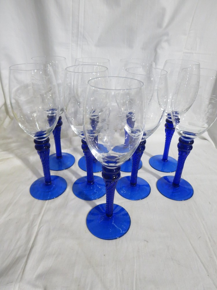 9 Vintage Cobalt Blue Twisted Stem Etched Grape On Bowl Wine Glasses