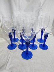 9 Vintage Cobalt Blue Twisted Stem Etched Grape On Bowl Wine Glasses