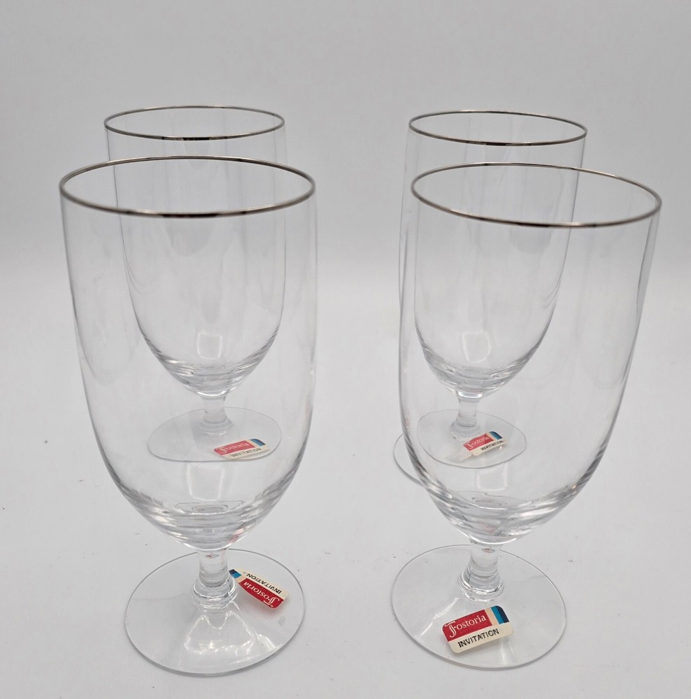 VINTAGE Fostoria Invitation Platinum Trim Clear Iced Tea Goblets 6 5/8″ H New