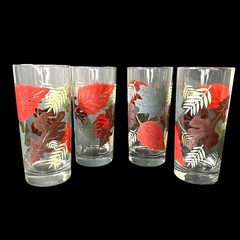 VTG LIBBEY TUMBLERS FALL LEAVES PATTERN SET/4 THANKSGIVING RED BROWN SAGE