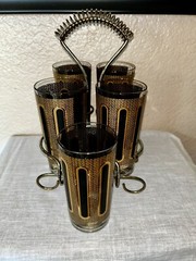 Vintage Colony High Ball Glasses w/ caddy signed MCM Black And Gold