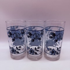 Corning Blue Velvet Tumblers Glasses Set of 3 Blue Floral 16 Oz Drinking Glasses
