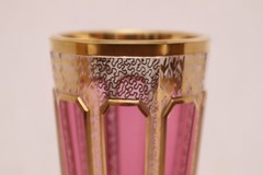 Pair Moser Cut to Clear Cabochon Enamel Scrollwork & Gold Champagne Flutes SET 2