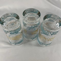 Federal Glass Vintage Tumblers Turquoise Gold Scroll Set of 3 MCM Atomic era