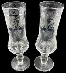 2 Murano Style Medici Etched Scrollwork Silver Trim Champagne Flute Glass Italy