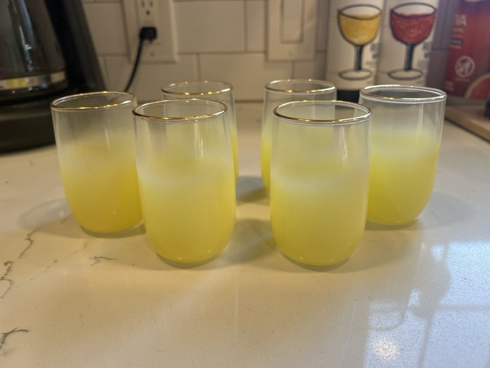 Blendo Frosted Beverage Cups Set Of 6 Yellow Gold Rim Holds 6 oz Vintage MCM