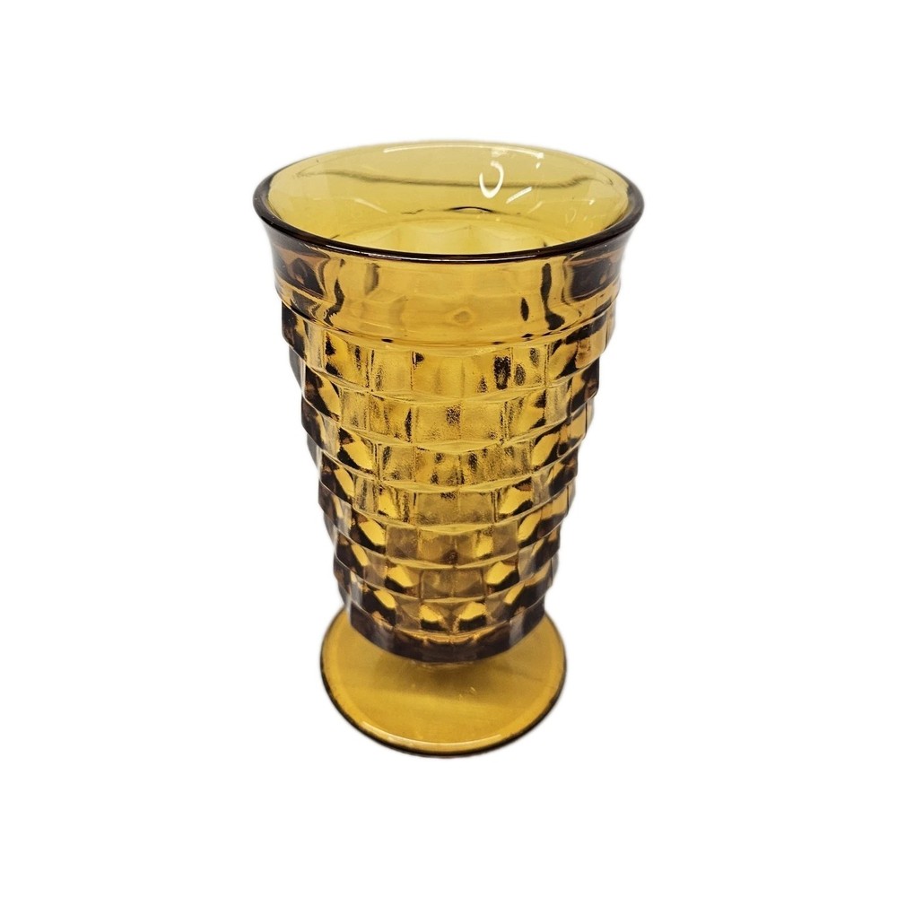 60’s Indiana Glass Co Whitehall Cubist Amber 6″ Pedestal Base Drinking Glasses