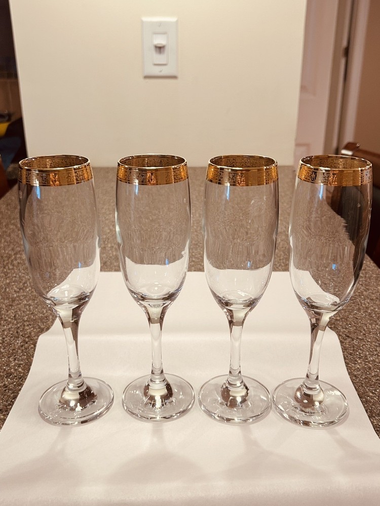 Elegant Gold Gilded Champagne Glasses Set of 4 Formal Stemware Toasting Flutes
