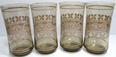 Vintage Libbey Glass Tumblers SET OF 4 Tawny Brown Beige Floral Bands 5 1/4″ T