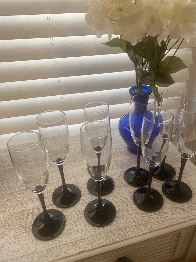 8 Luminarc Domino France Black Onyx Stems 6oz Champagne Flute Glasses Vintage