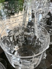 Fostoria MANOR 7 Clear Water Goblets Blown Glass 7 1/2 Etched Flowers Crystal