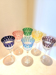 FABERGE XENIA MULTICOLOR CUT TO CLEAR WINE GLASSES GOBLETS 8.25″ SET OF 6