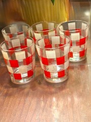 5 Mid-Century Red & White Checkered Rocks Glasses