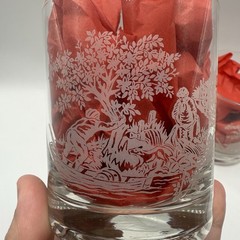 Vintage White Farm Stream Scene Whiskey Glass Signed L. Mauri Set of 2 Etched