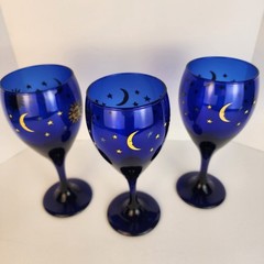 Libbey Cobalt Blue Celestial Sun Moon Stars Stem Wine Glass Set 3 Vintage Goblet