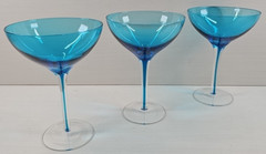 (3) Pier 1 Blue Drip Martini Glasses Set Elegant Table Dining Clear Stemware Lot