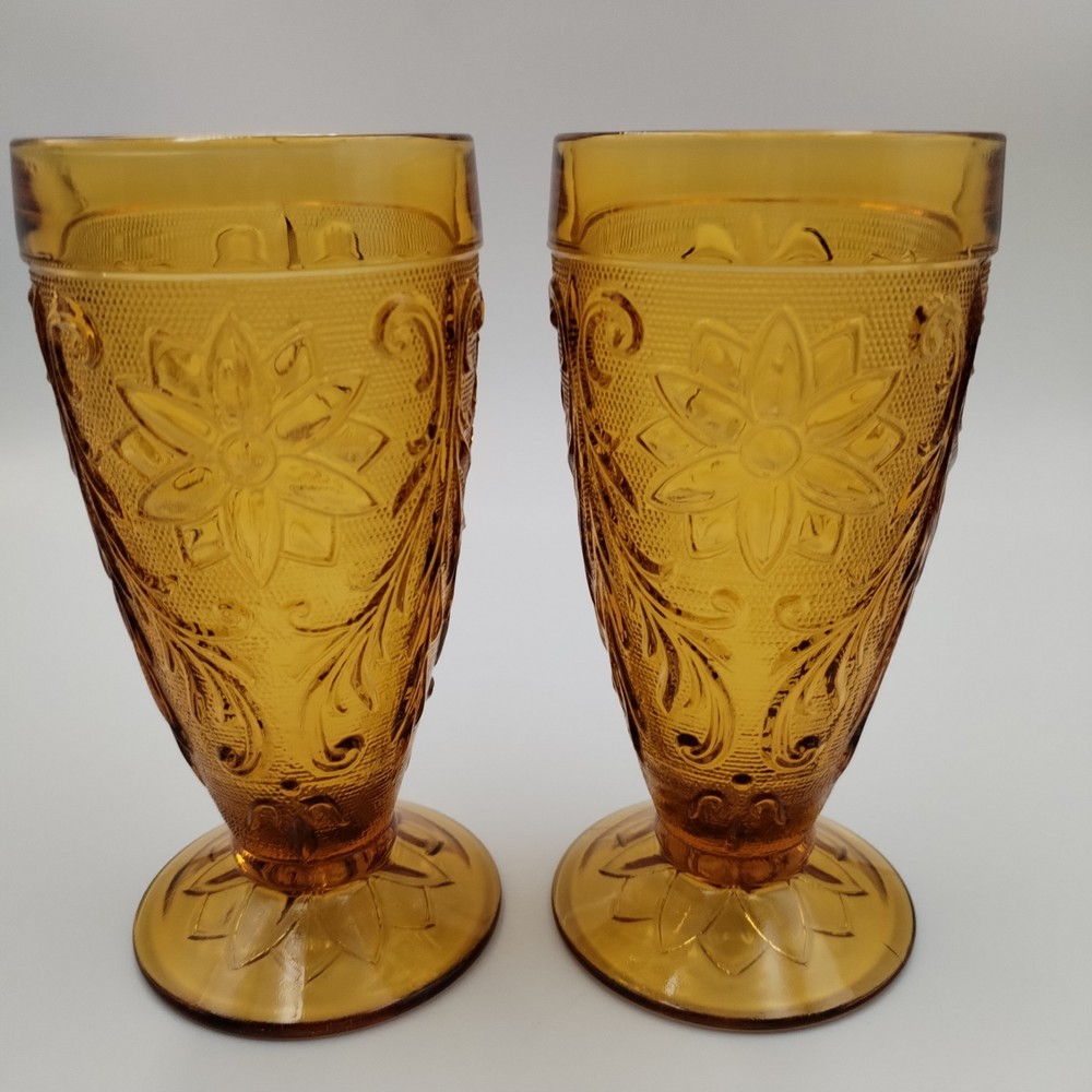Vintage Indiana Glass Amber Sandwich Pattern Footed Water Goblets 6″ Set of 2