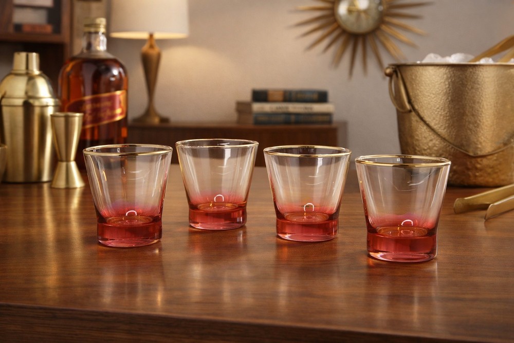 Vtg MCM Ruby Red Ombre Rocks Glasses Set of 4 Gold Rim Whiskey Juice Mid Century