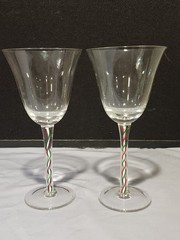 SET OF 2- Hand Blown Twisted Ribbon Swirl Stemmed Red White Green Goblet