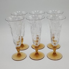 Bohemian Czech Etched Crystal Flutes Amber Stems Hand Blown 6.5 in Set of 6