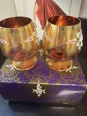 2 VTG Bohemian/Czech Clear Glass Brandy Snifters Gold Gilded Enameled