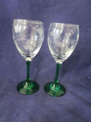 Eamon Glass Emerald Stem Shamrock Cut Wine A Pair Made in Ireland New Vintage