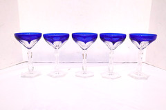 VTG SET 5 BOHEMIAN CZECH CUT TO CLEAR CRYSTAL COBALT BLUE MARTINI COCKTAIL GLASS