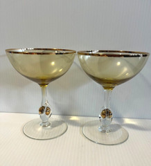 Pair Jozef Stanik Art Deco Gold Ball Stem Crystal Goblets
