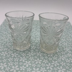 2 Vintage Early American Prescut Glass Star of David 4 1/2” Juice Glasses