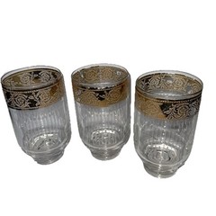 CULVER Starlyte 3 Highball Cocktail Glam Glasses Ornate 22K Gold Bands MCM VTG